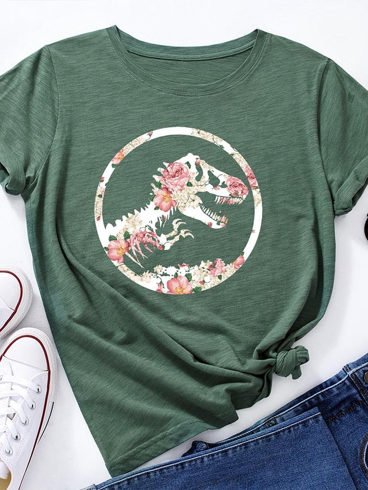 Bestdealfriday Abstract Floral Dinosaur Graphic Loose Round Neck Short Sleeve Tee