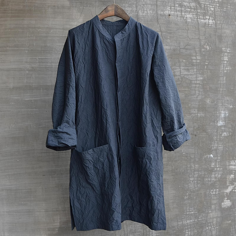 Men's Dark Blue Cotton And Linen Stand Collar Mid-Length Shirt