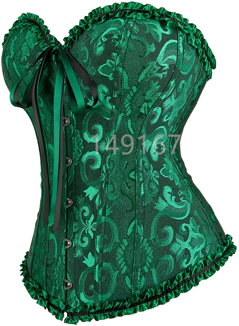 Billionm Green Corset Top Bustier Sexy Women's Plus Size Overbust Corselet Blouse Lace up Floral Gothic Brocade Vintage Fashion Medieval
