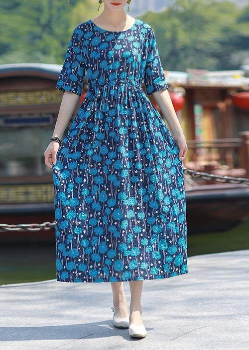 Women blue print cotton outfit o neck drawstring Plus Size summer Dress