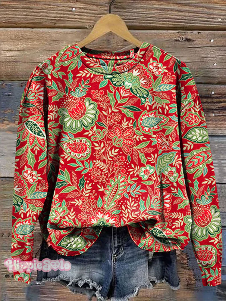 Vintage Christmas Floral Art Print Casual Sweatshirt Multicolor / S