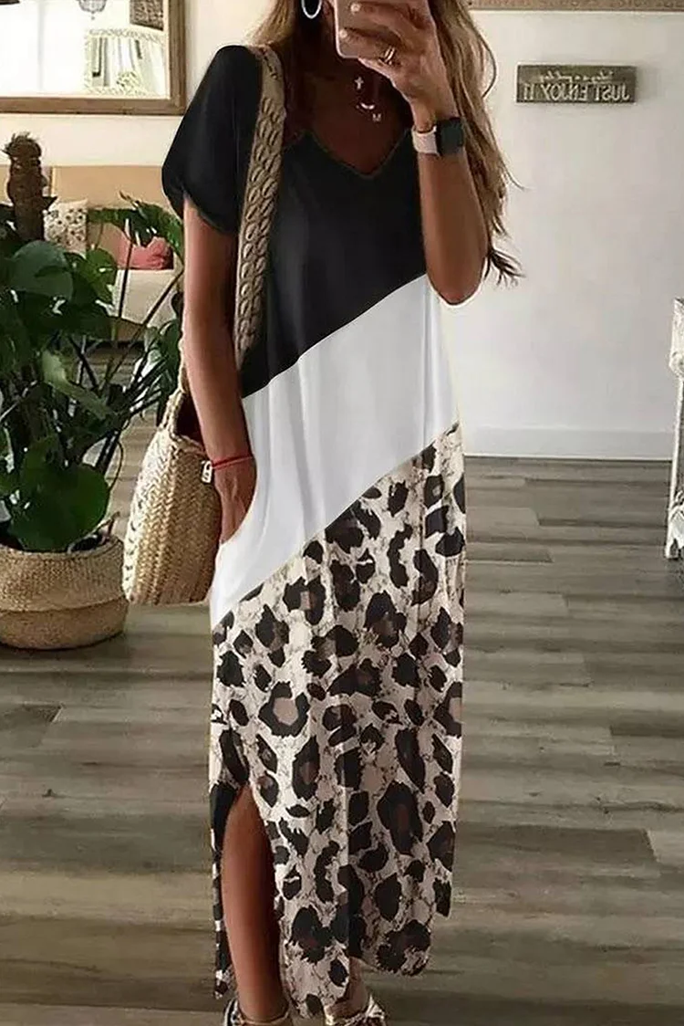 Leopard Print Color Block Side Slit Maxi Dress VangoghDress
