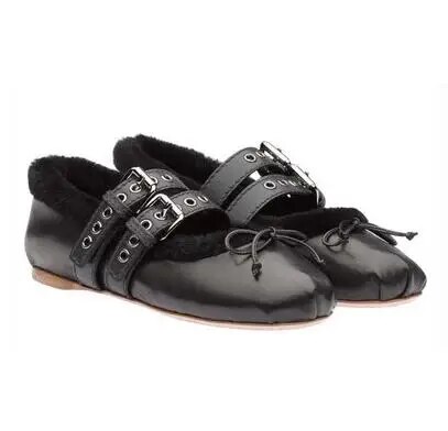 VCSHOES Dark Pink Black Rabbit Fur Height Increasing 27 Mm Heels Out Door Leisure Shoes Women Round Toe Belt Buckle Ballet Flats