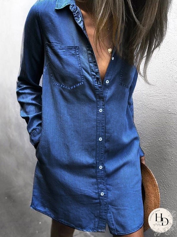 Dresses Pocket Long Sleeve Denim Shirt Dress for Women