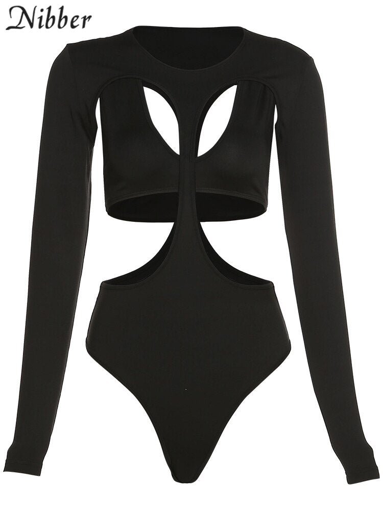 Nibber 2022 Spring Summer Sexy Hollow Out Black Slim Stretch Skinny Women Y2K Bodysuit New Female Streetwear Nightclub Hot
