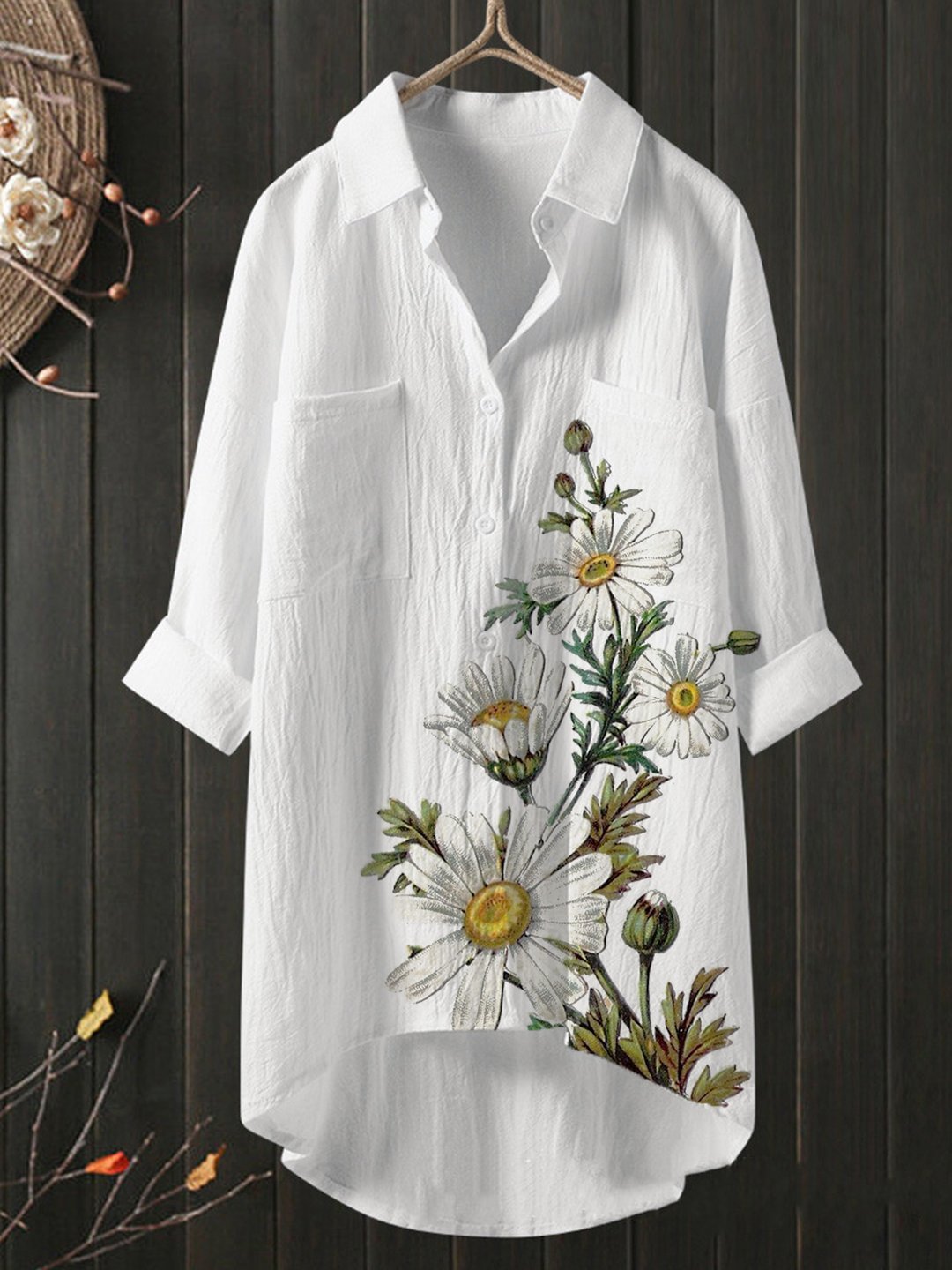 Vintage Floral Print Cotton Long-Sleeved Linen Shirt Top