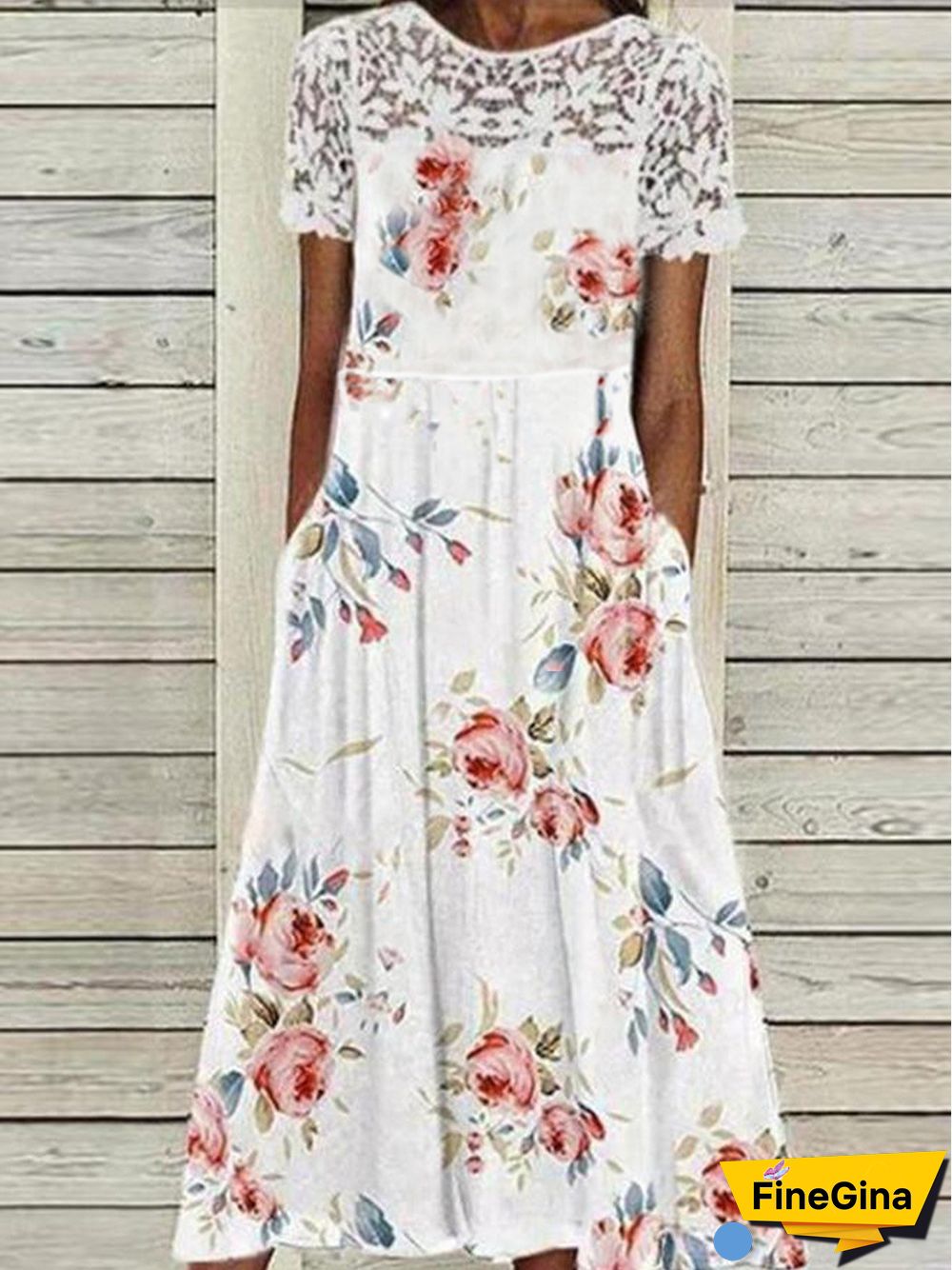 Pockets Casual Crew Neck Short Sleeve Woven Dress