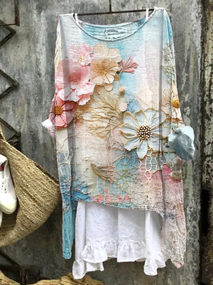 Flowers Embroidery Art Linen Blend Shirt