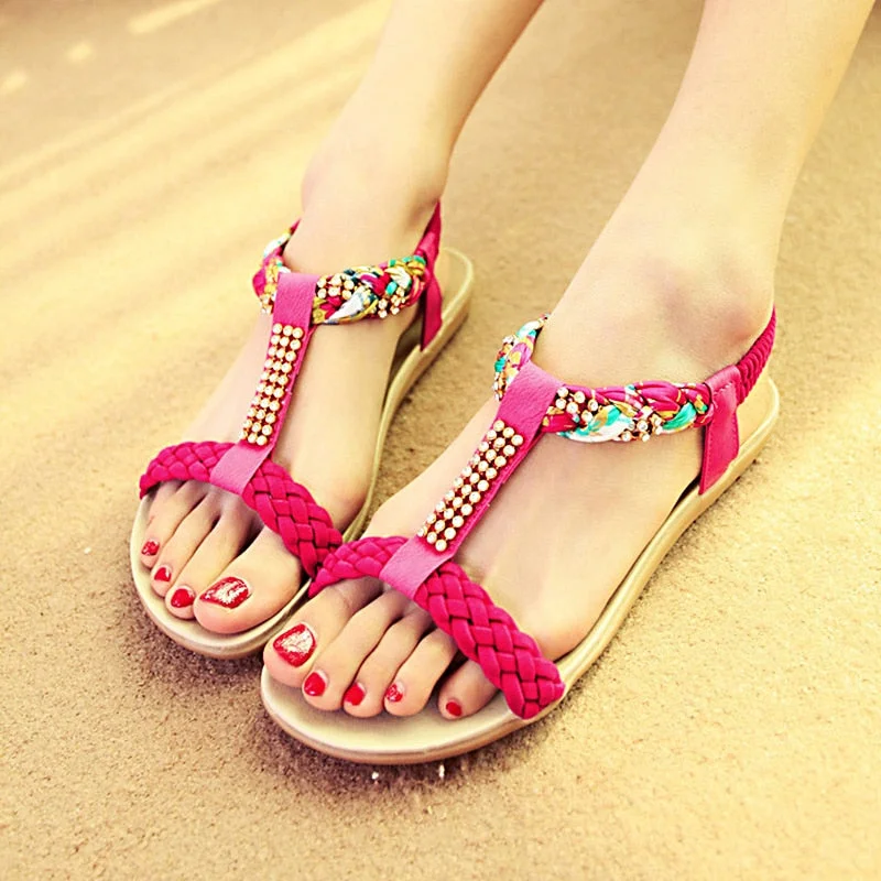 Women Sandals Summer Flat Heel Bohemian Sandals 2019 New Rhinestone Mixed Color Ladies Elastic Band Open Toes Beach Shoes