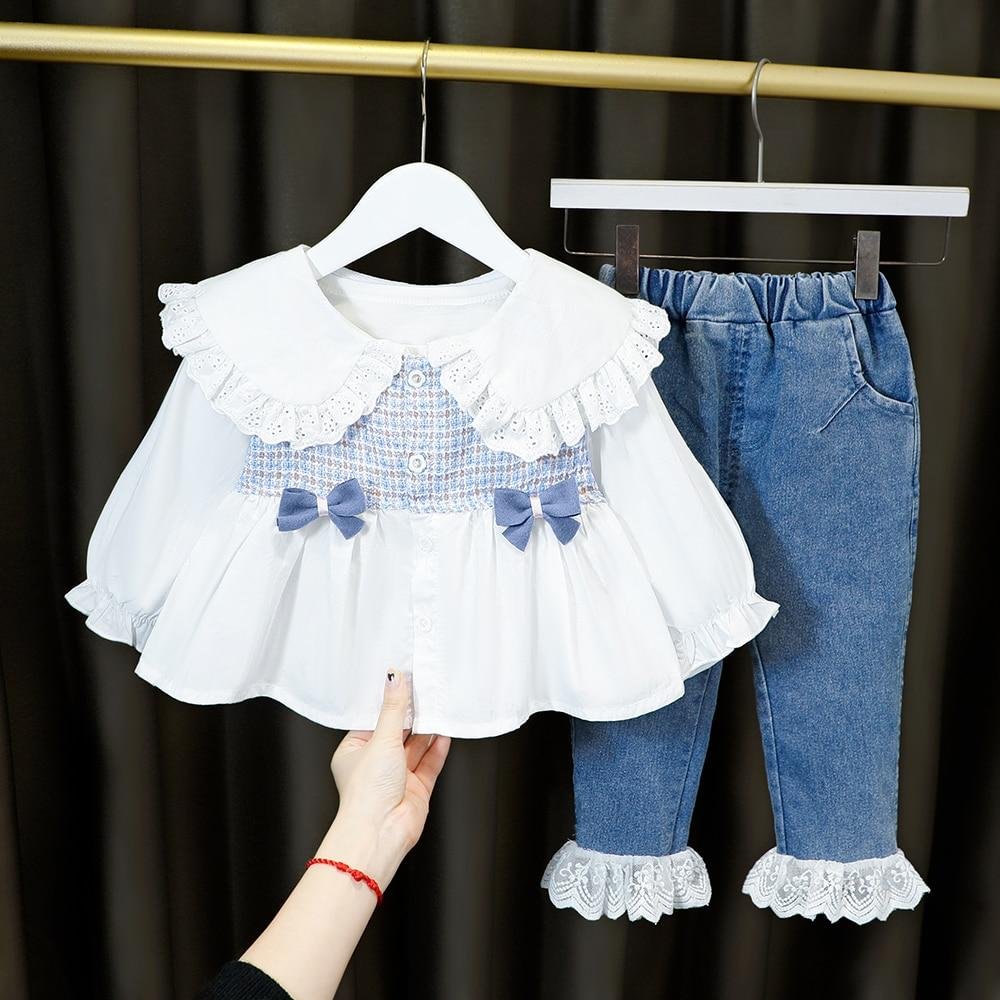 Long Sleeves Clothing Fashion Girls Fashion Lotus Leaf Collar Shirt + Jeans 2 PCS/Set Children Costume for 1 2 3 4 Y Party
