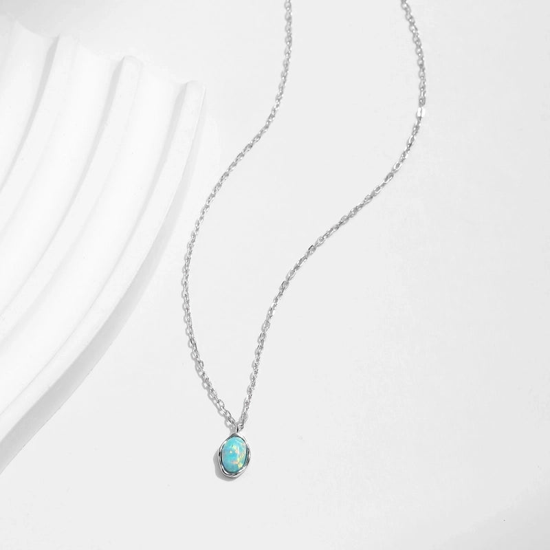 925 Sterling Silver Rack Plated Opal Cable Chain Inlay Oval Pendant Necklace