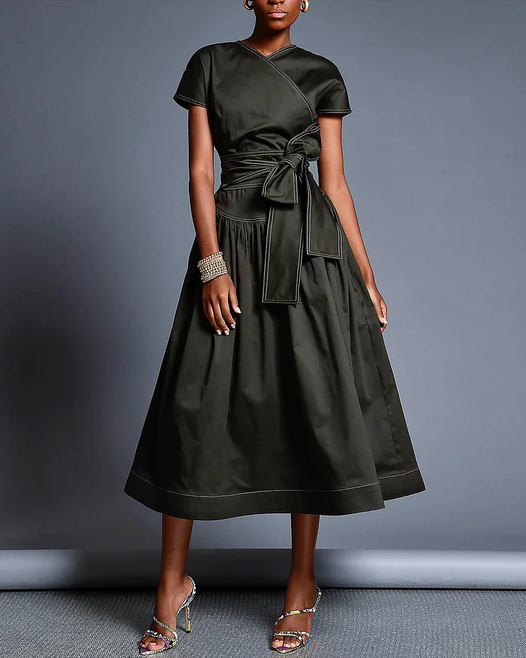 Women's Short Sleeve Solid Color Bow Dress