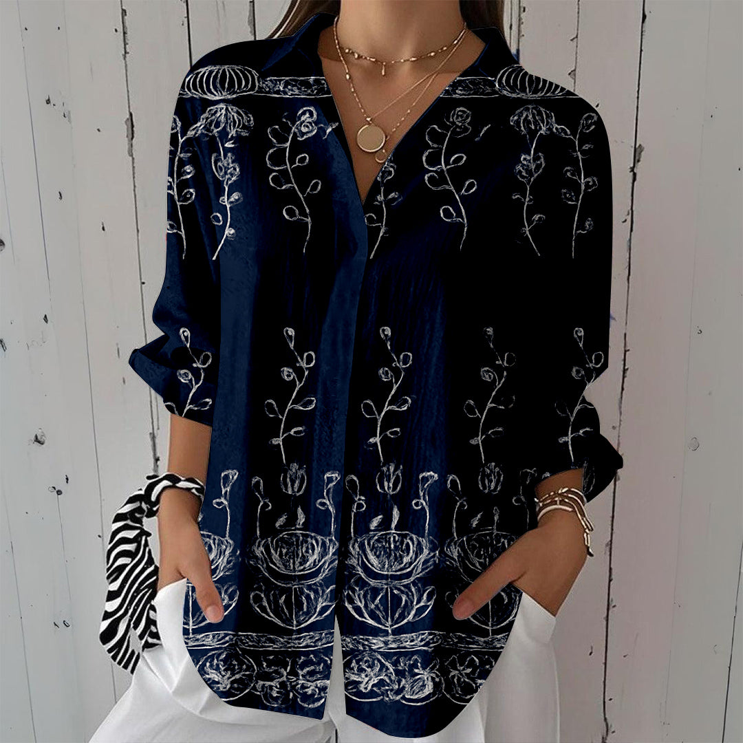 Women Long Sleeve V-neck Graphic Floral Printed Top