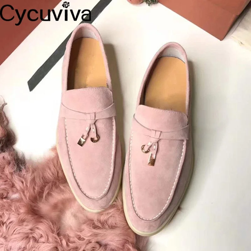 Hot Sale Kidsuede Women Flat Shoes Hanged Metal Loafers Ladies Shoes Woman Slip-on Casual Walk Shoes For Women