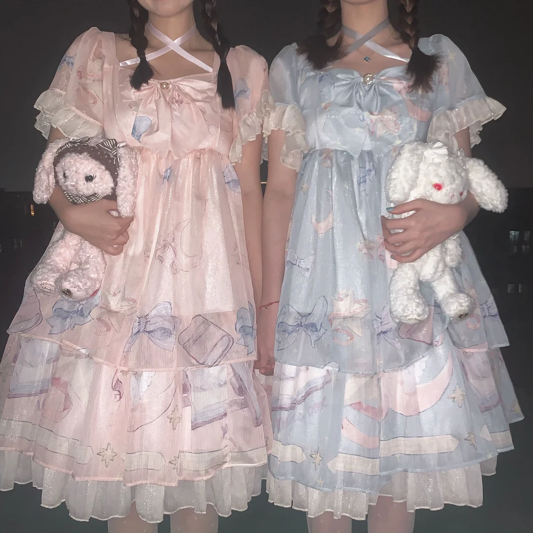 Sweet Cute Pink/Blue Lolita Star Bowknot Print Bandage Dress SS1211