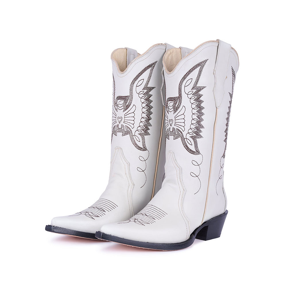 Embroidered Mid-Calf Snip Toe White Western Boots for Women Nicepairs