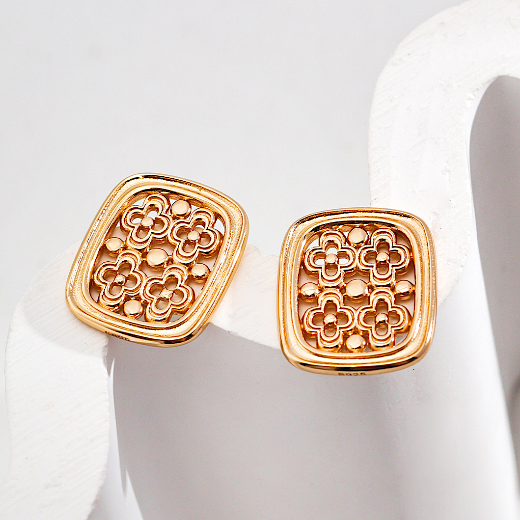 Vintage Lucky Clover Gold Plated Stud Earrings