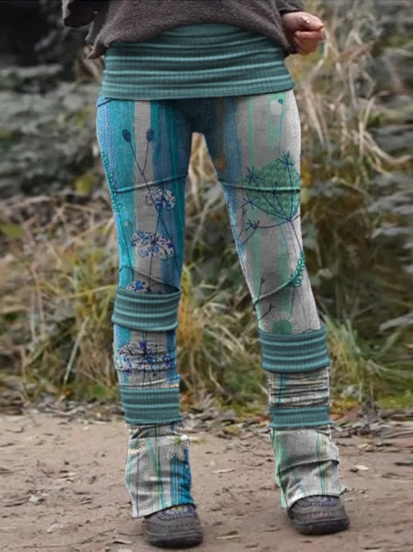 Retro dadndelion print stitched thermal integrated Leggings