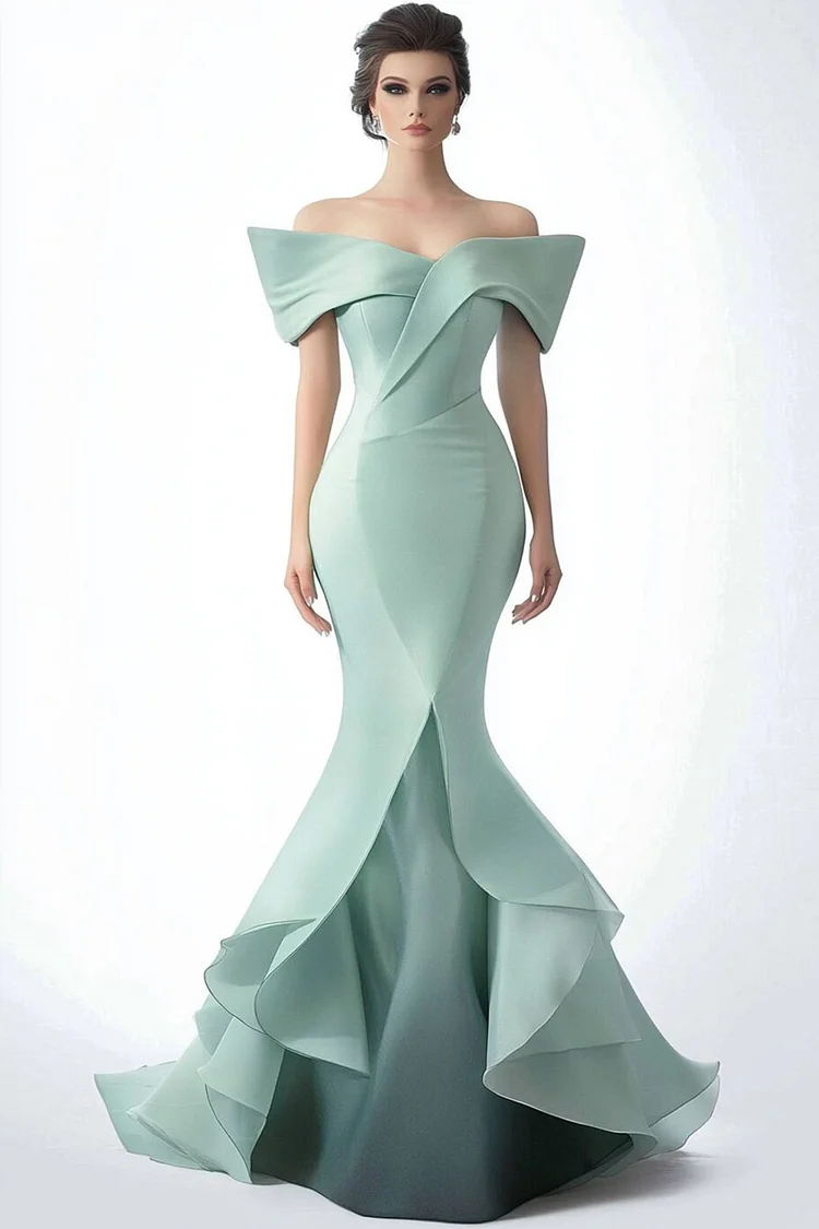 Off The Shoulder Layered Mermaid Maxi Dress-Mint Green [Custom-Made]