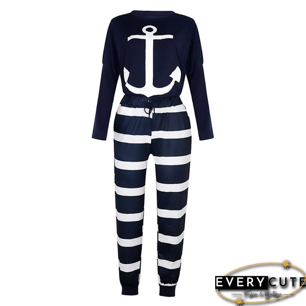 Navy Blue Long Sleeve Top and Striped Pant Set