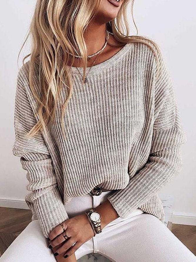 Daily Casual Round Neck Long Sleeve Solid Acrylic Sweater S22- Fabulory