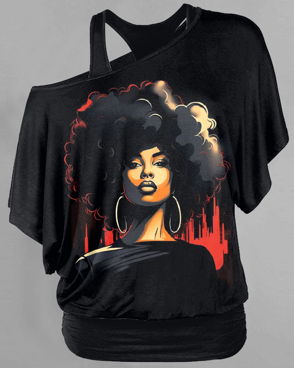 Curly Hair Woman Illustration Double Layer 2 Pieces Loose Top T-shirt