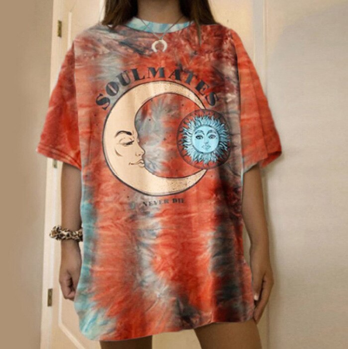 Sun Moon Letter Print O Neck Short Sleeve T Shirt Women Oversized Loose Vintage Harajuku Casual Fashion Clothing Summer 2021