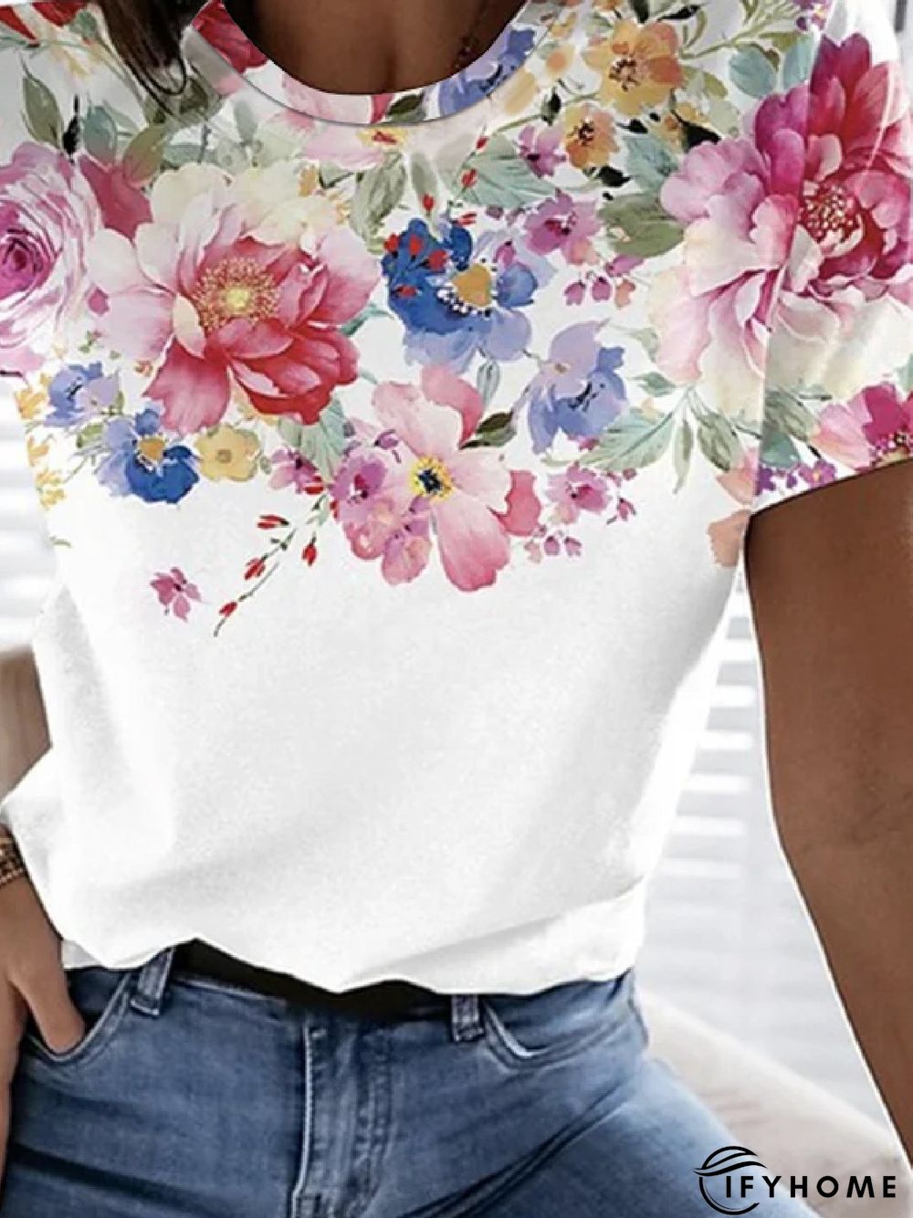 Casual Floral Crew Neck Short Sleeve T-Shirt | IFYHOME