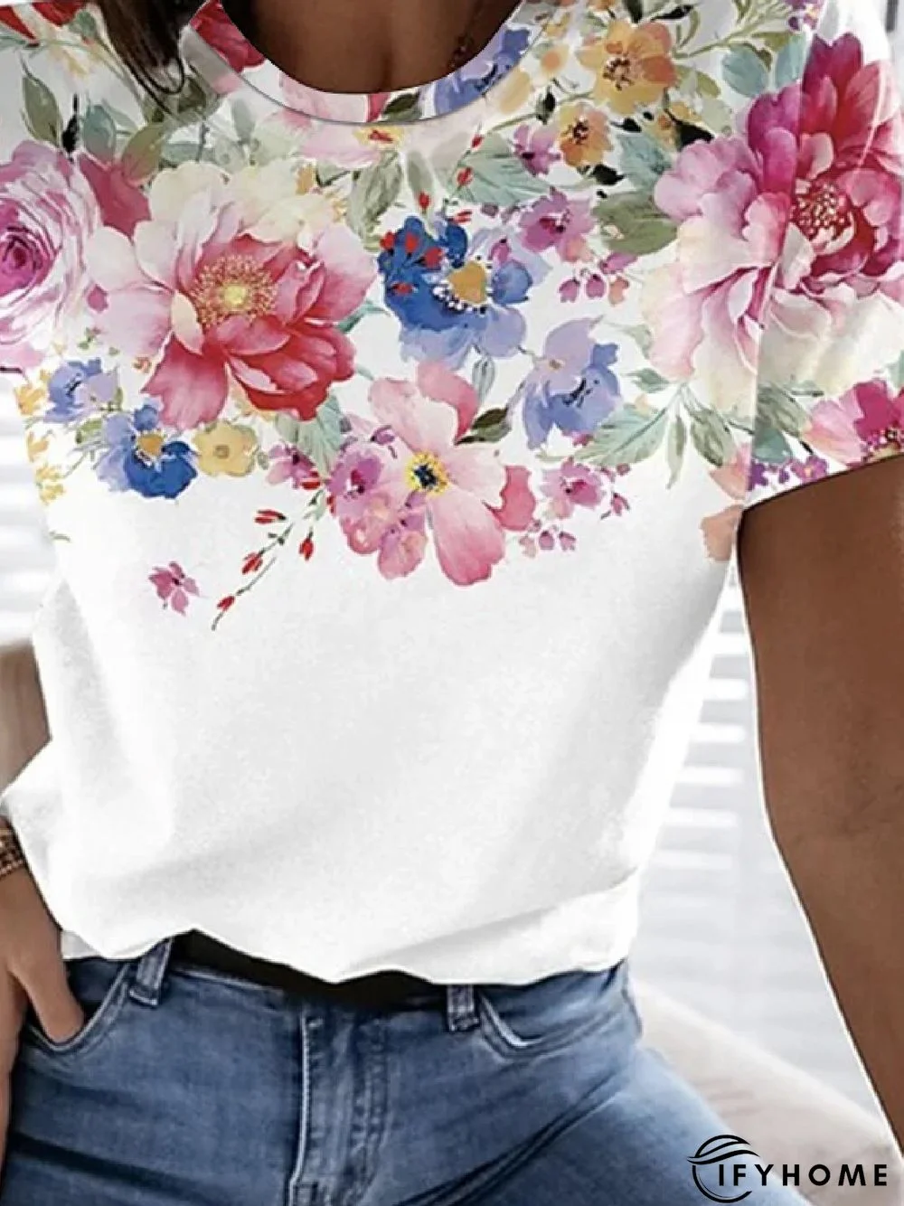 Casual Floral Crew Neck Short Sleeve T-Shirt | IFYHOME