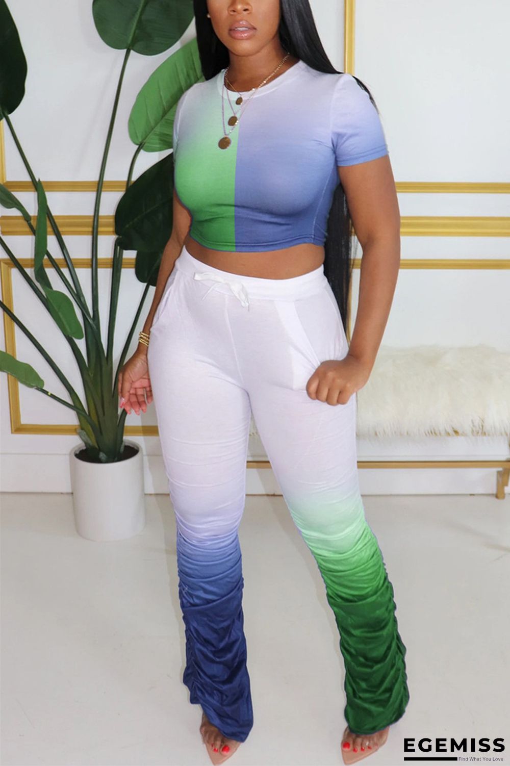 Sky blue yellow light purple Casual Gradient Regular Short Sleeve Two Pieces | EGEMISS