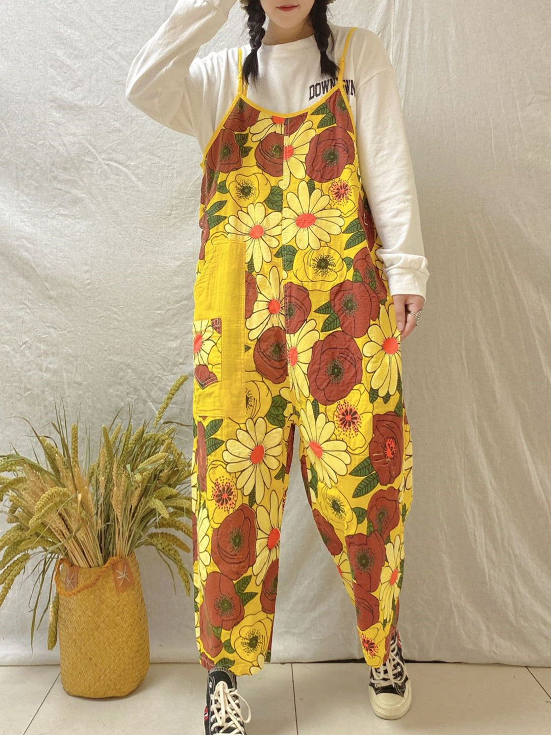 Women's Floral Printed Casual Retro Cropped Workwear Denim Overalls Jumpsuit