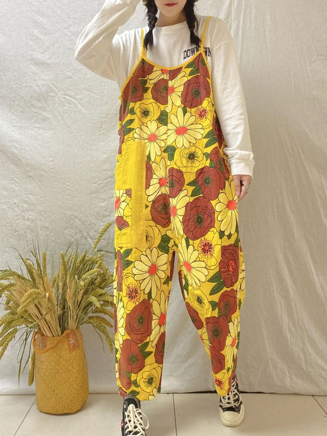 Women's Floral Printed Casual Retro Cropped Workwear Denim Overalls Jumpsuit