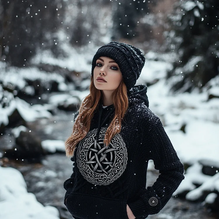 Women's Viking Tribal Jacquard Celtic Inspired Chunky Knit Hooded Sweater