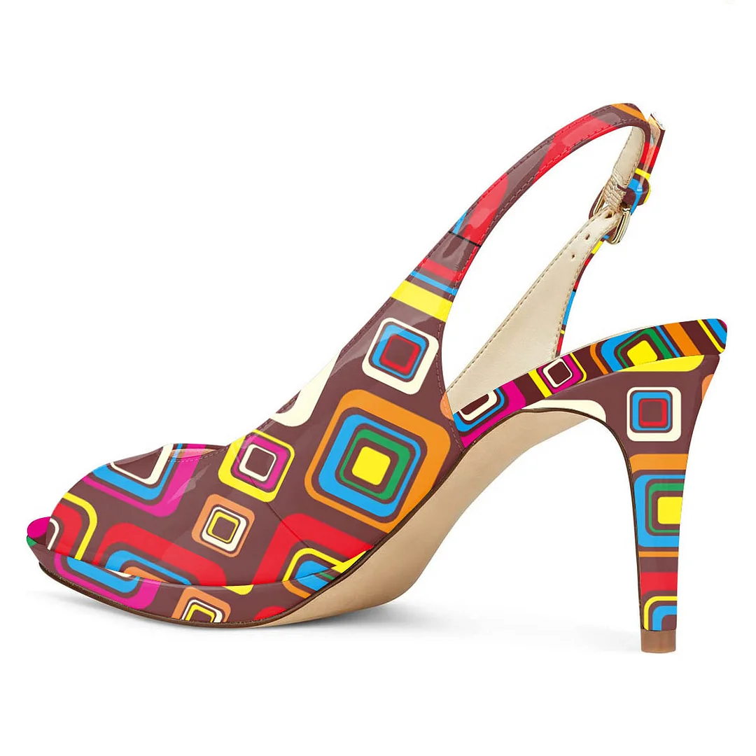 Patent Leather Multicolor Square Printed Platform Elegant High Heels