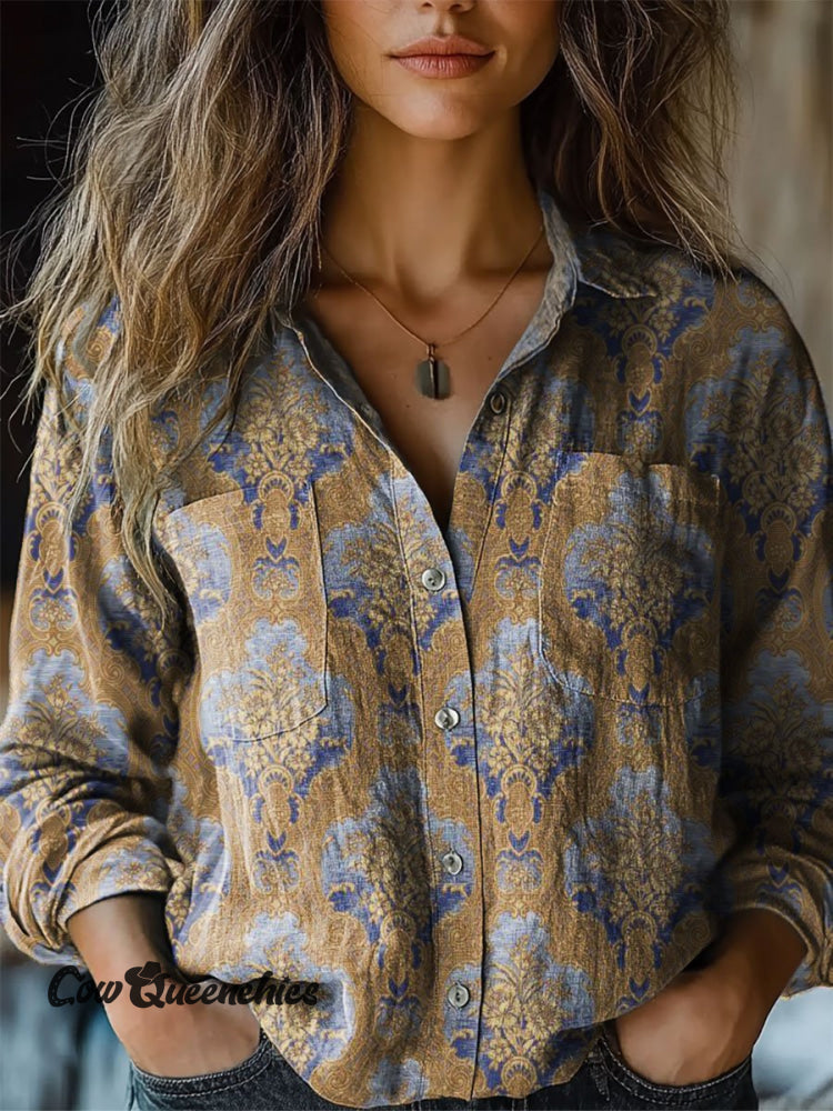 Women’s Vintage Print Casual Long Sleeve Comfortable Cotton Shirt Multicolor / S