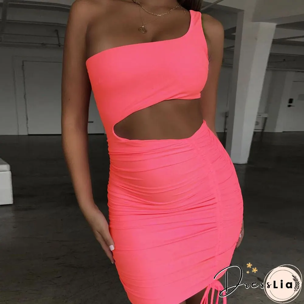 Mini Bodycon Summer Dress Women Club Hollow Out Ruched Backless Orange White Black Party