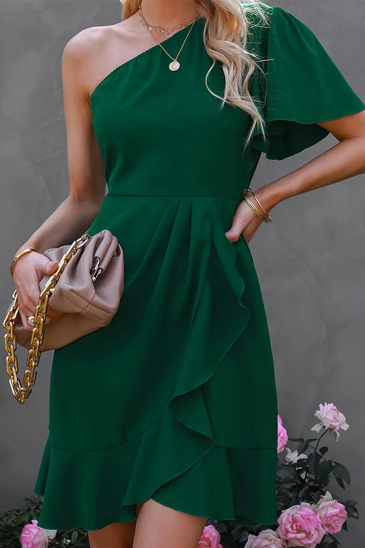 Street Simplicity Solid Flounce Oblique Collar Irregular Dress Dresses