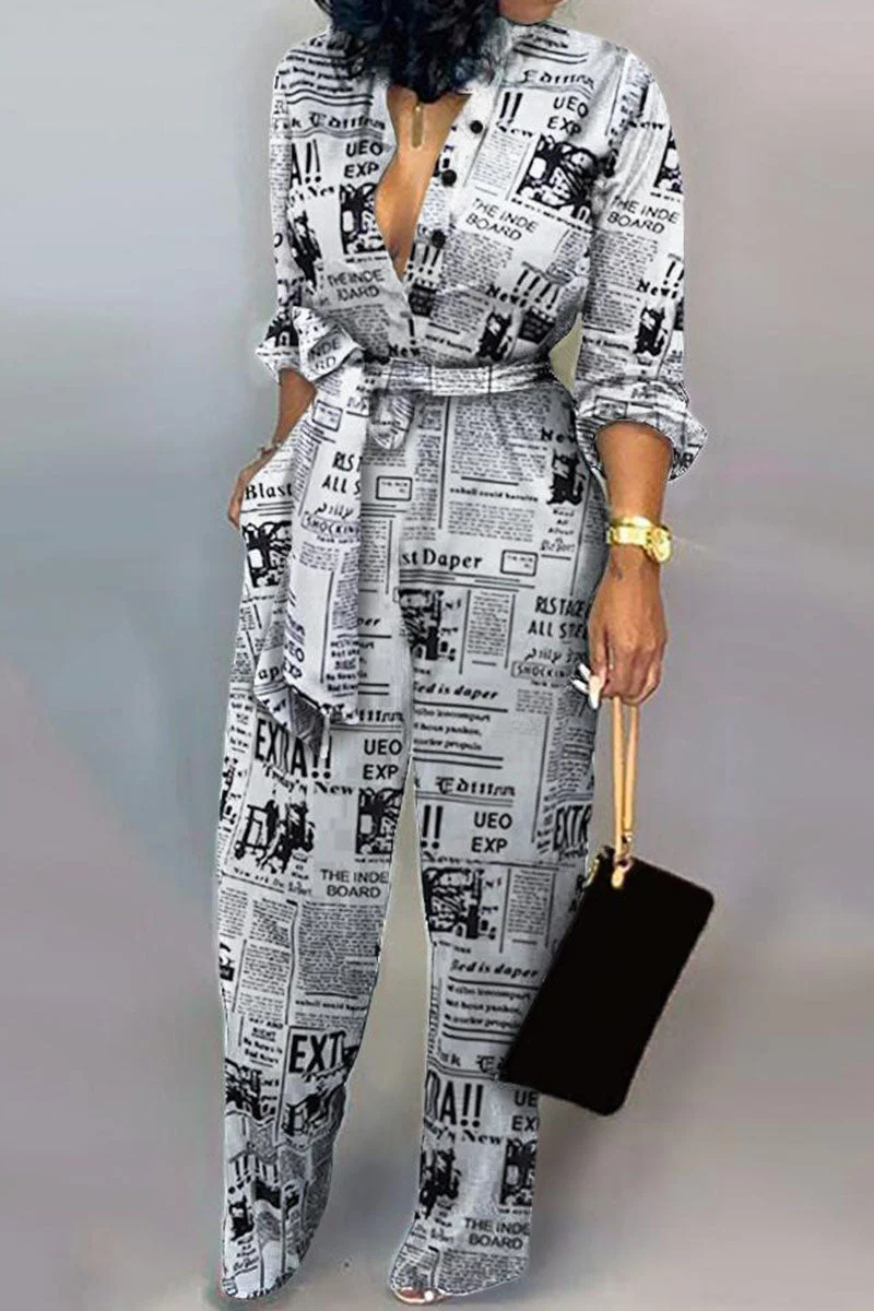 Casual Print Bandage Split Joint Buckle Turndown Collar Straight Jumpsuits