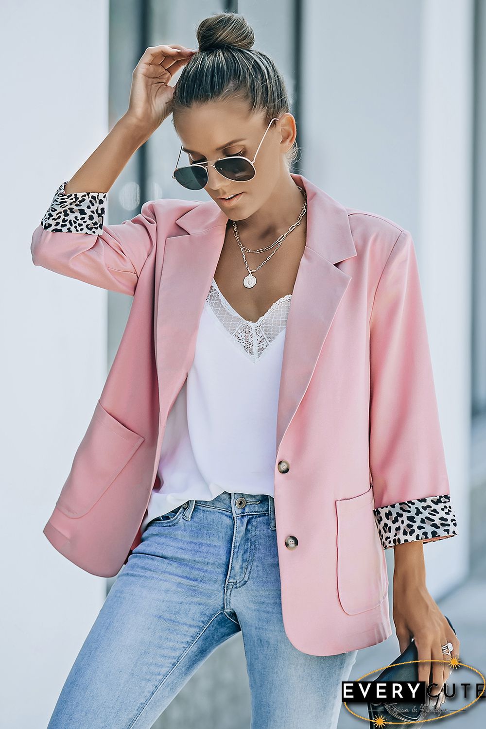 Pink Leopard lined Lapel Collar Blazer