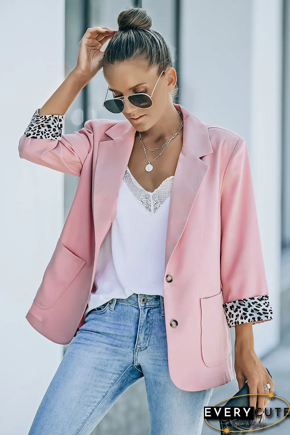 Pink Leopard lined Lapel Collar Blazer