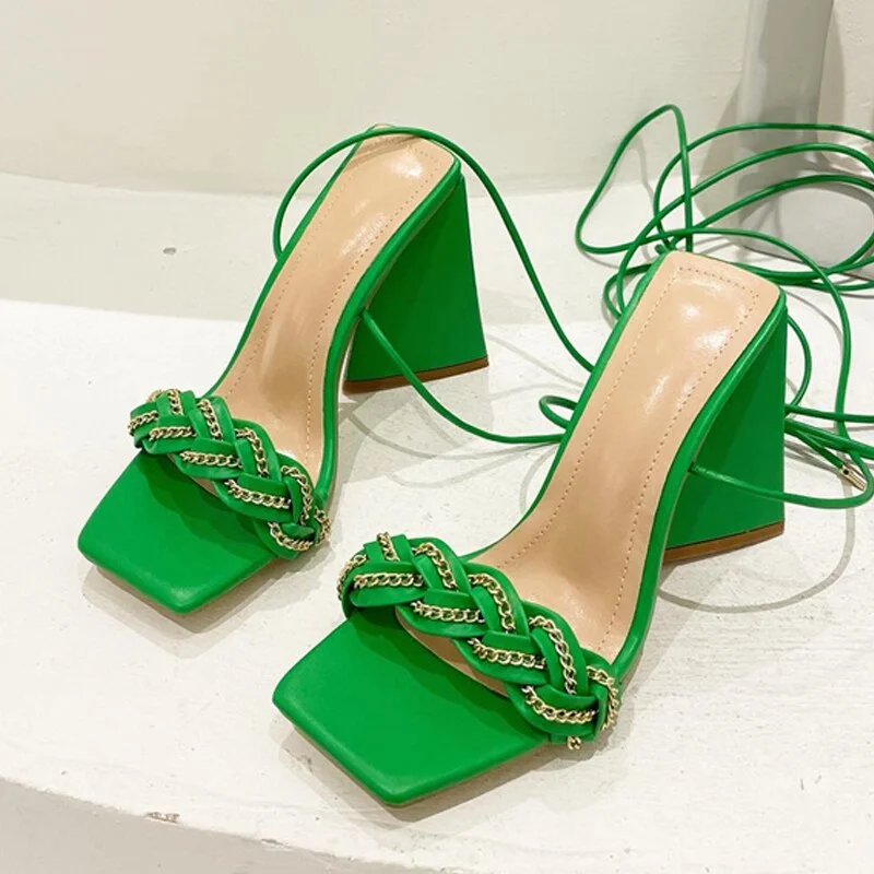 Green Strange Super High Heels Sandals Women Fall Streets Fashion Chain Weav Sliders Shoes Lady Square Toe Ankle Lace Up Pumps