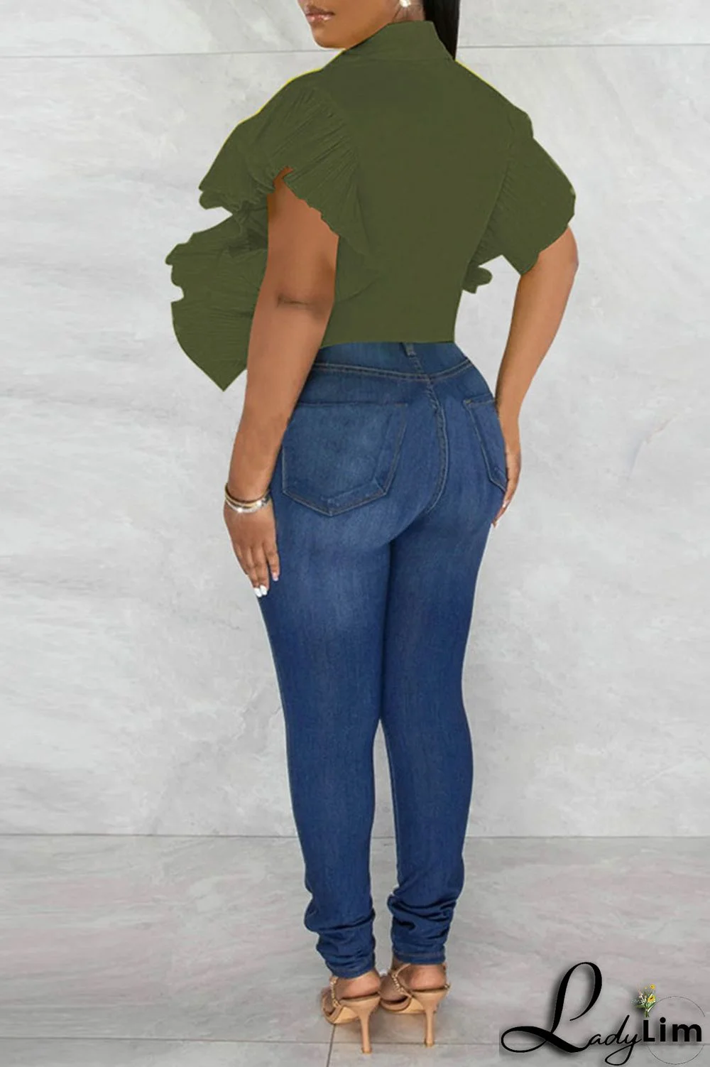 Rose Red Casual Solid Patchwork Buckle Flounce Turndown Collar Tops