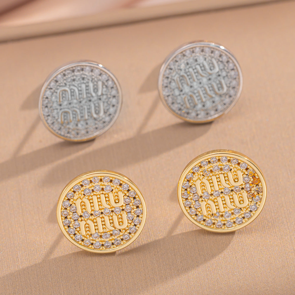 M Letter Round Earrings Personality Diamond Earrings Ins Fashion Niche Earrings Xiaohongshu Trend