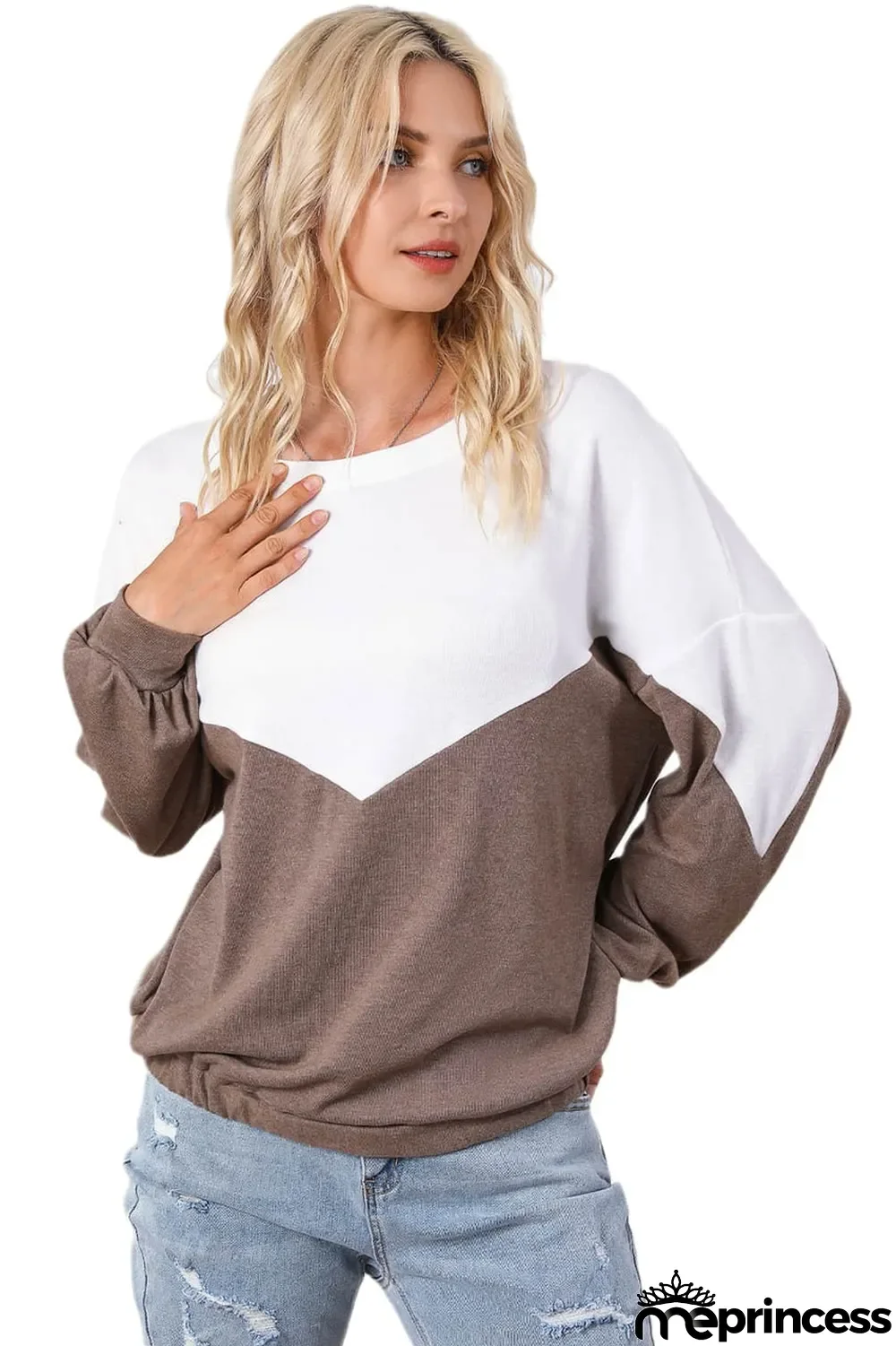 Khaki Colorblock Cutout Elastic Hem Pullover Sweatshirt