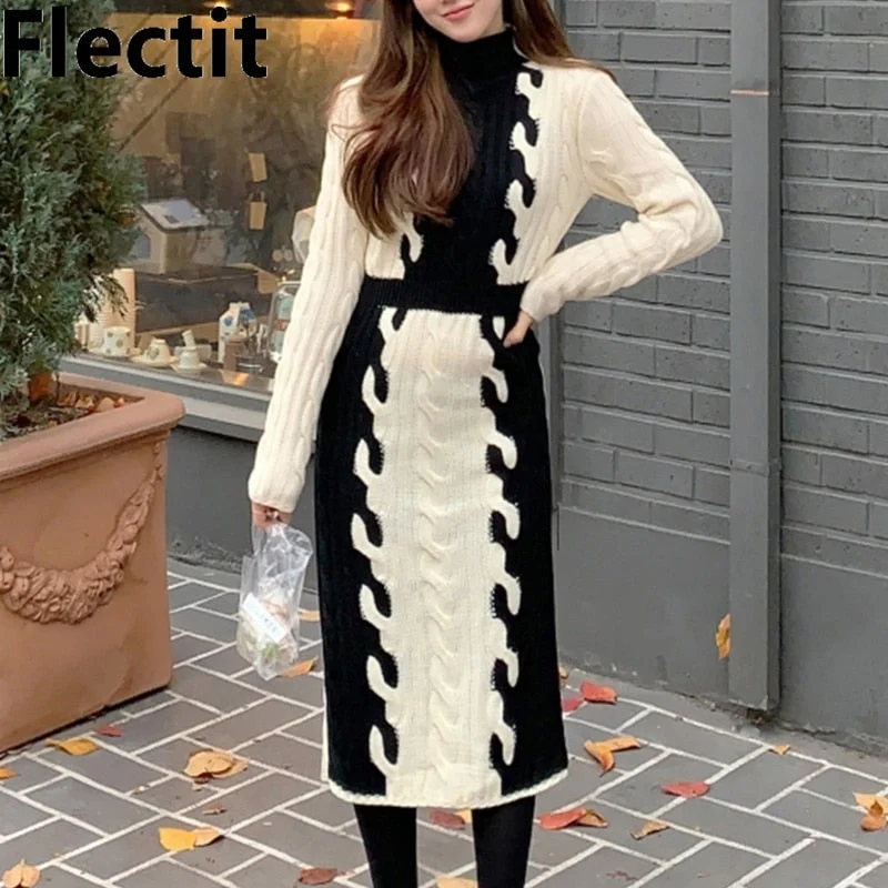 High Fashion Women Color Block Ribbed Knit Turtleneck Long Sweater Dress Long Sleeve Fall Winter Lady Outfit *