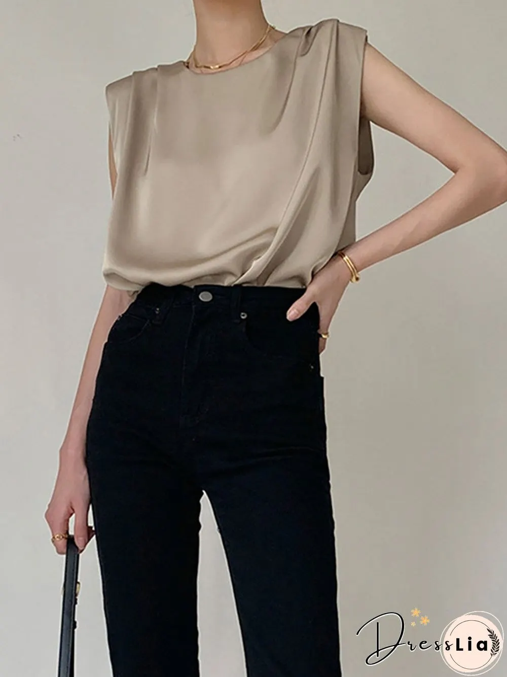 Solid Pleated Sleeveless Crew Neck Keyhole Back Tank Top