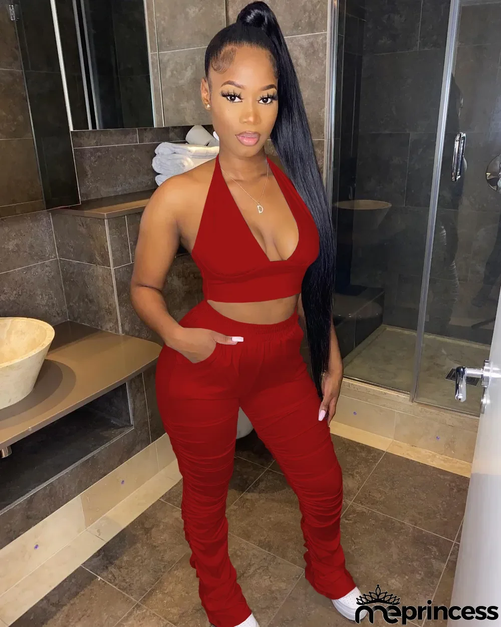 Sexy Solid Halter Low Back Crop Vest Pleated Pants Two Piece Set