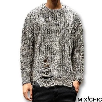 Men Ripped Hole Sweaters Pullovers Male Casual Fashion Slim Fit Large Size O Neck Knitted Sweaters Knitwear