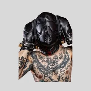pornhint Pornhint BDSM Bondage Leather Heavy Duty Restrictor Mask Hood With Hand Locks ~ Fetish Masks - Leather BDSM - Face mask - Gimp Mask