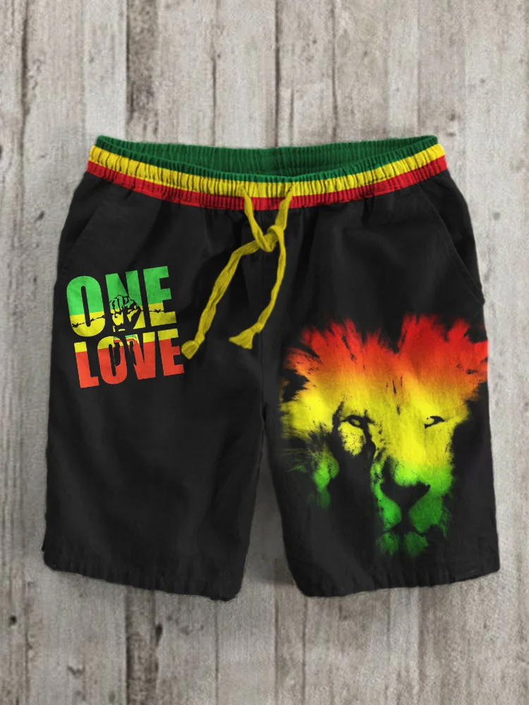 One Love Lion Reggae Art Men's Linen Casual Shorts